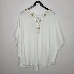 Chicos Womens Batwing Loose Boho Top Size 3 XL Linen Tie Front Embellished White